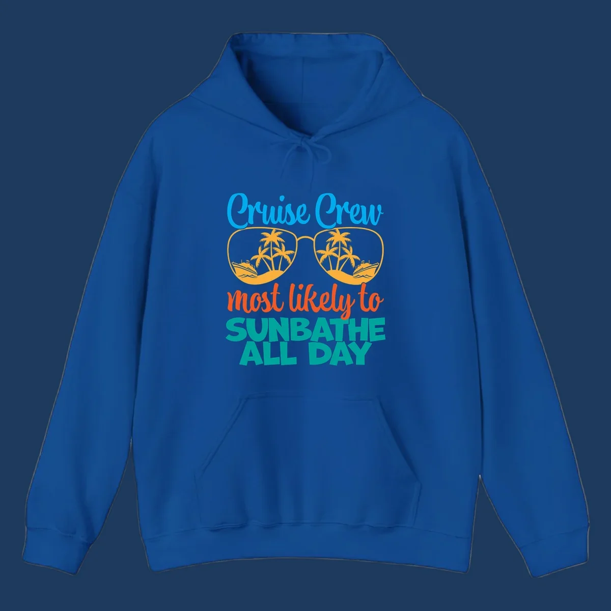 Cruise crew sunbathe design: oversized sunglasses with palm trees and ships inside lenses, colorful text above and below
