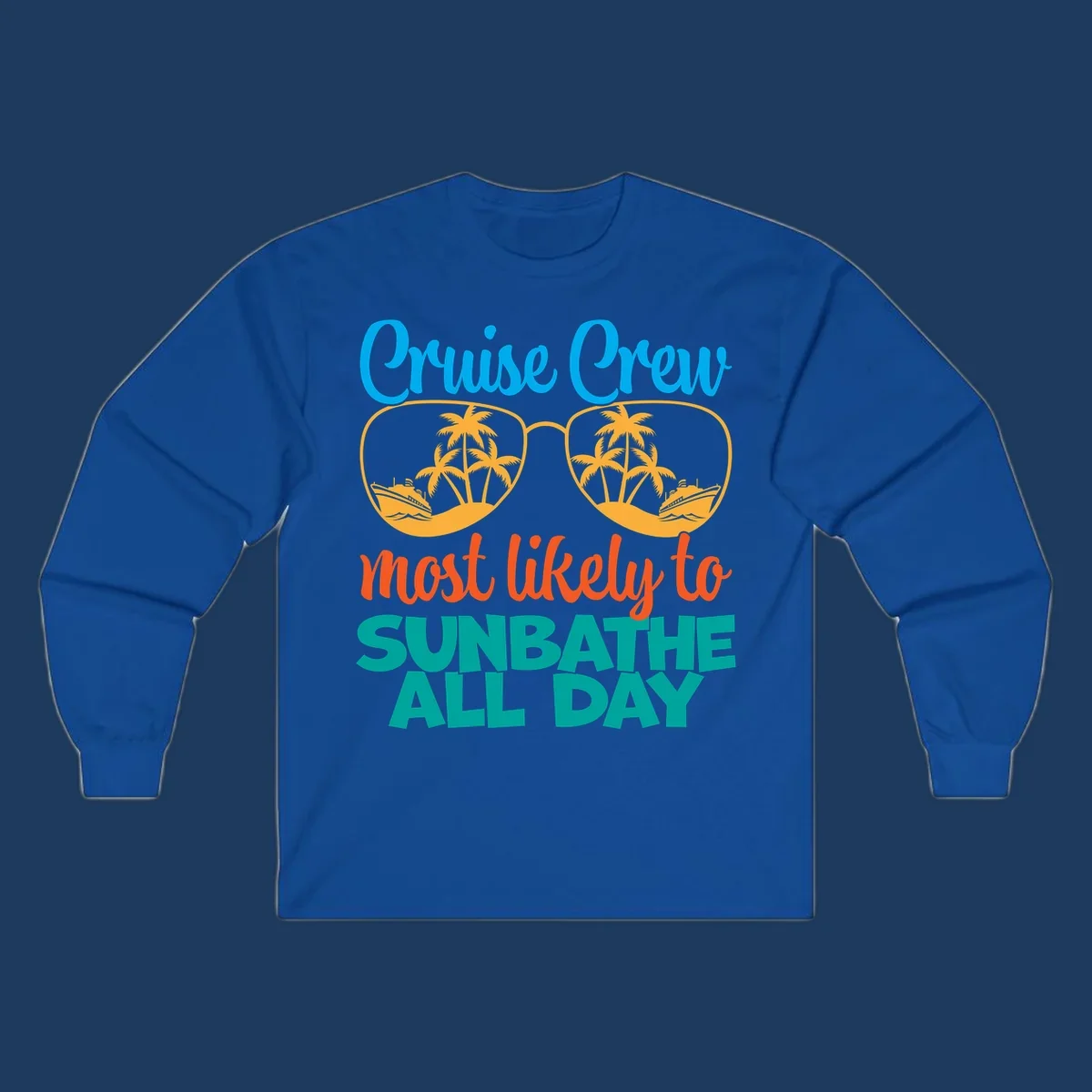 Cruise crew sunbathe design: oversized sunglasses with palm trees and ships inside lenses, colorful text above and below
