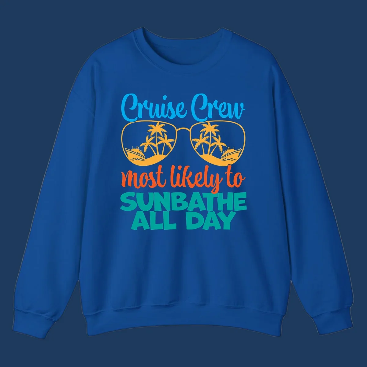 Cruise crew sunbathe design: oversized sunglasses with palm trees and ships inside lenses, colorful text above and below