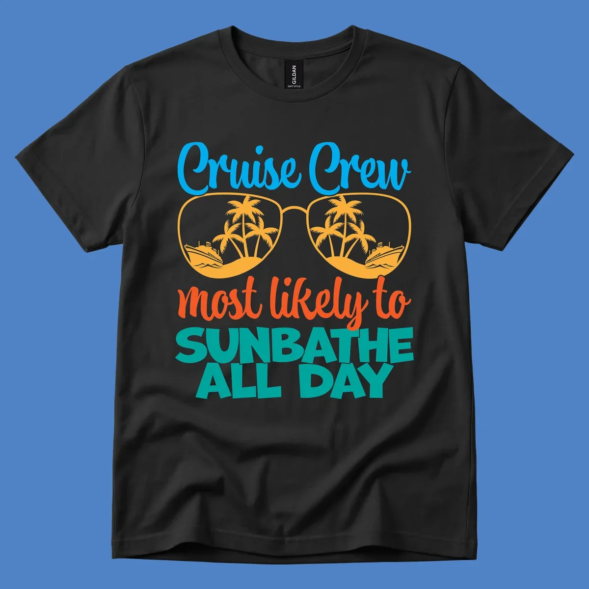 Cruise crew sunbathe design: oversized sunglasses with palm trees and ships inside lenses, colorful text above and below