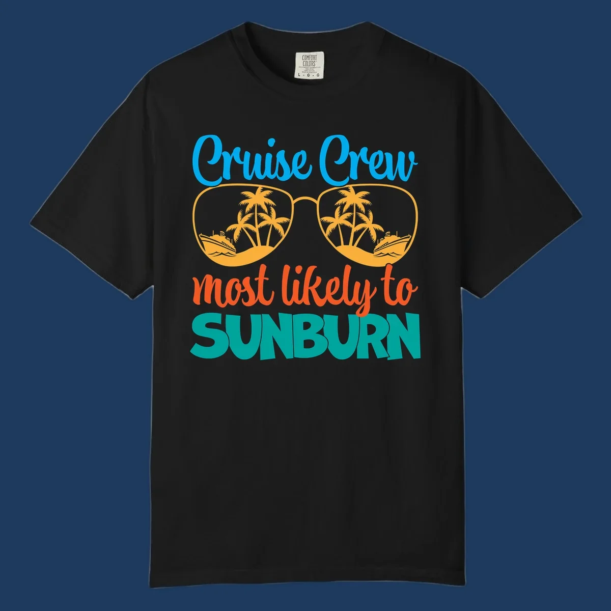Cruise crew sunburn humor design with sunglasses containing palm trees and ships, tropical vacation tee artwork