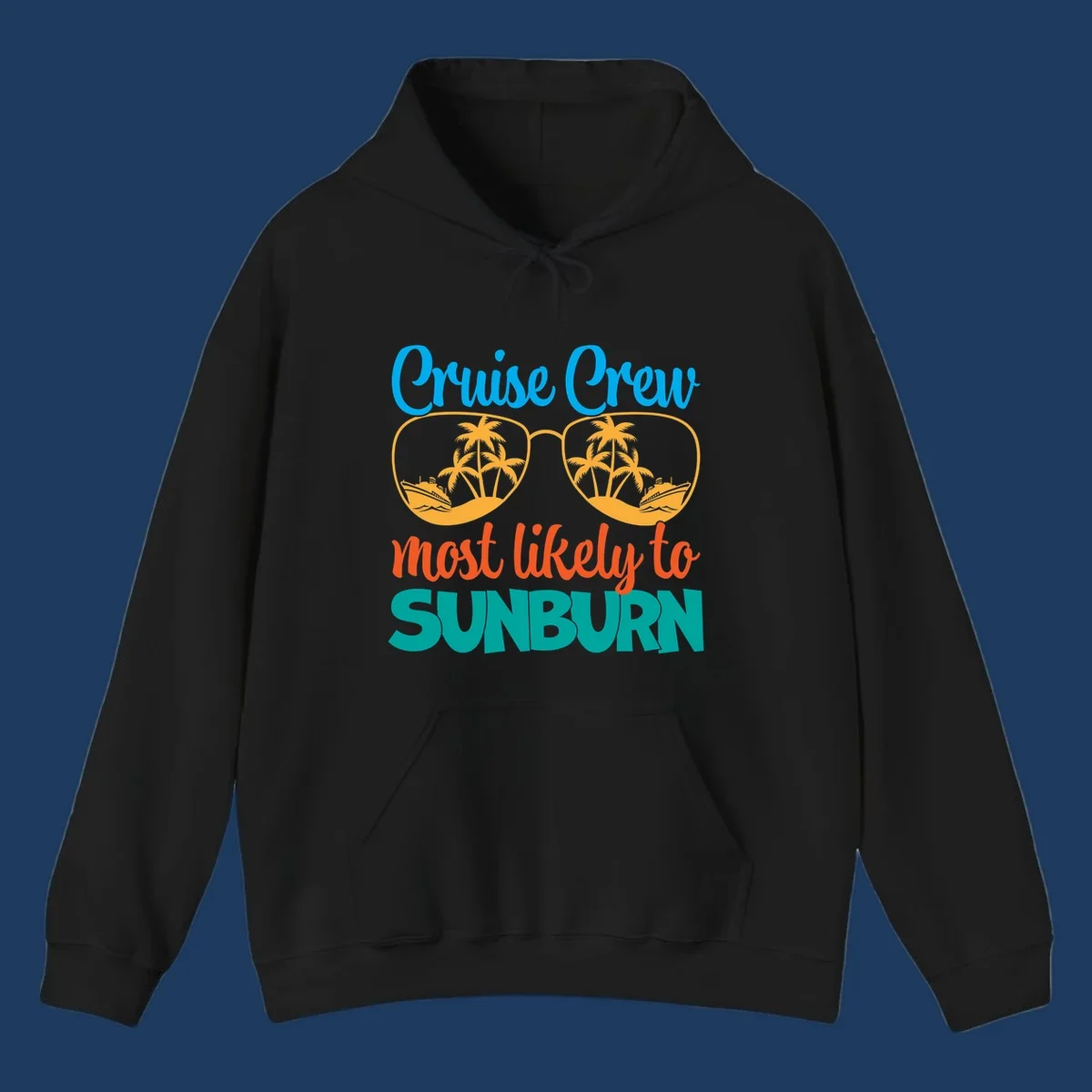 Cruise crew sunburn humor design with sunglasses containing palm trees and ships, tropical vacation tee artwork