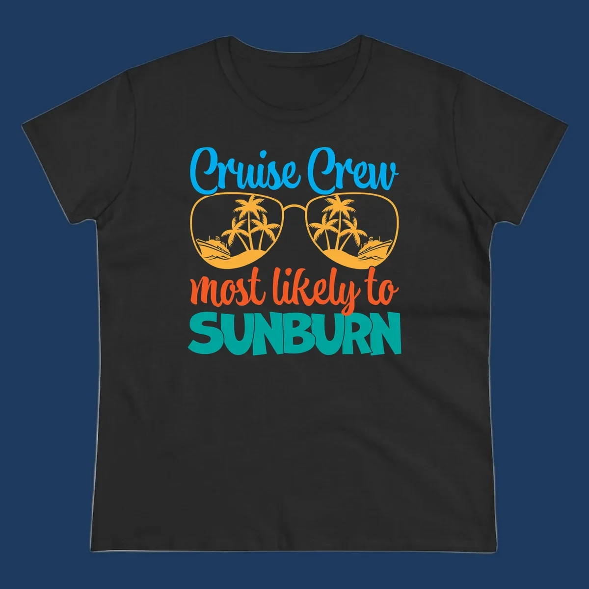Cruise crew sunburn humor design with sunglasses containing palm trees and ships, tropical vacation tee artwork