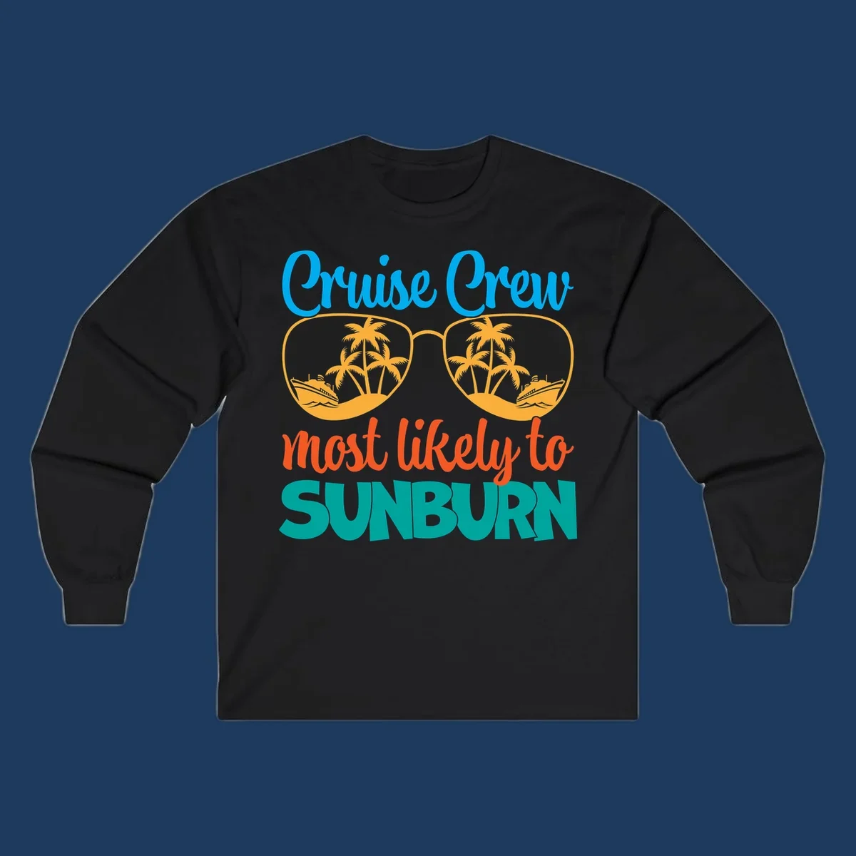 Cruise crew sunburn humor design with sunglasses containing palm trees and ships, tropical vacation tee artwork