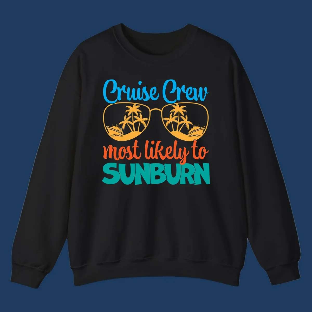 Cruise crew sunburn humor design with sunglasses containing palm trees and ships, tropical vacation tee artwork