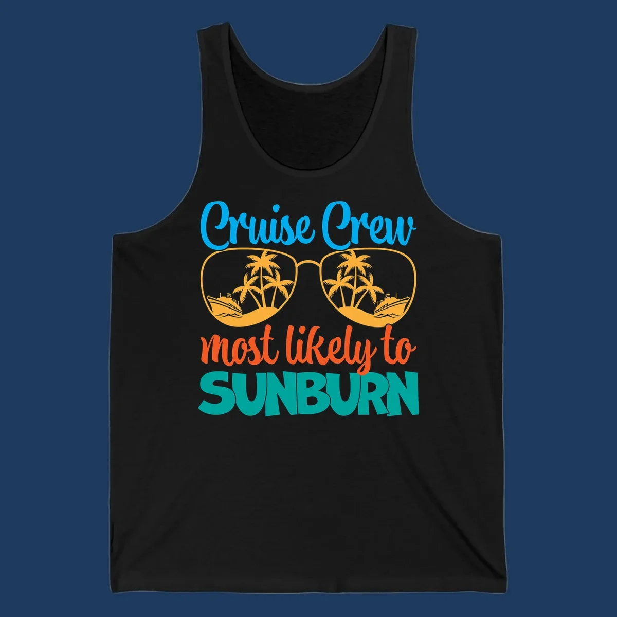Cruise crew sunburn humor design with sunglasses containing palm trees and ships, tropical vacation tee artwork