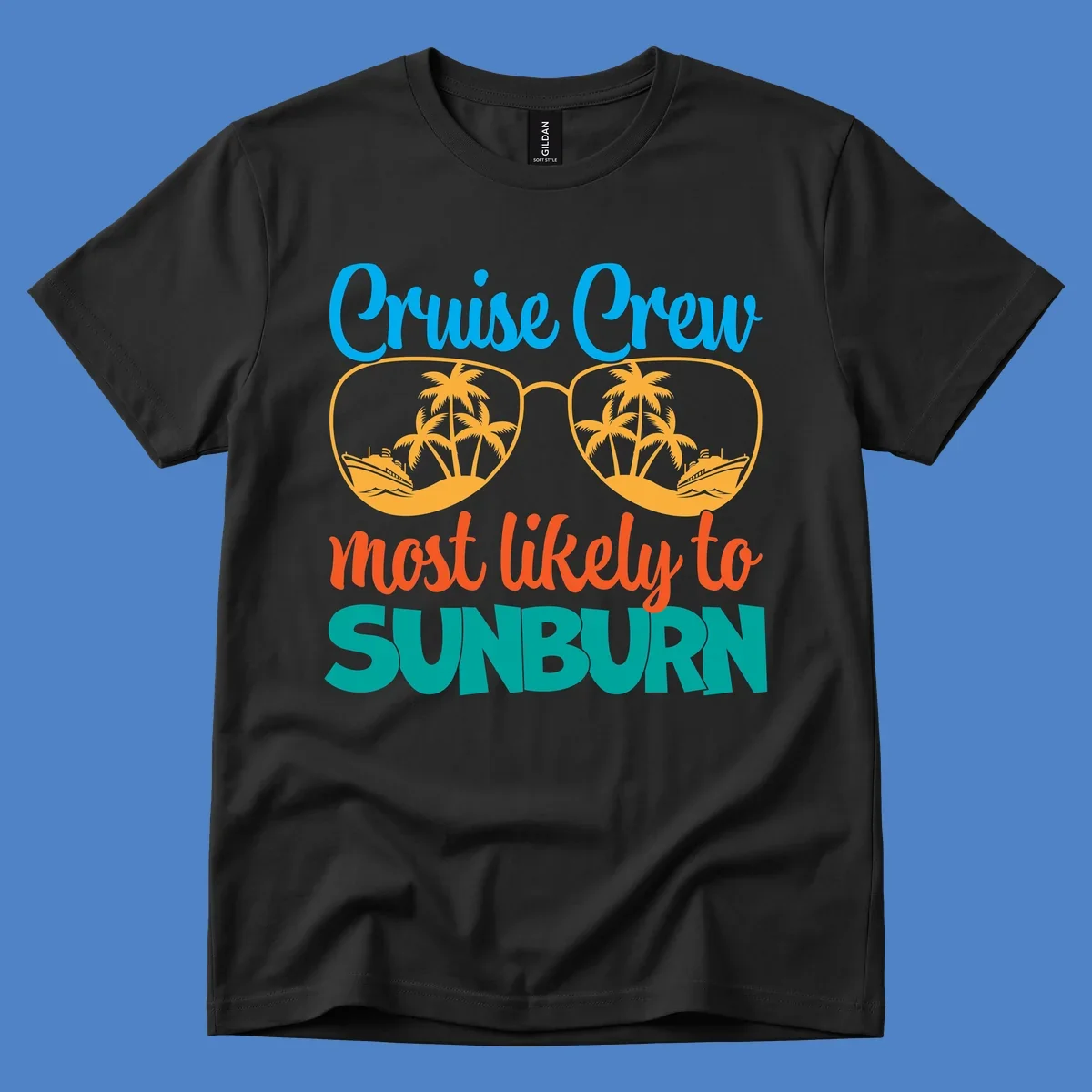 Cruise crew sunburn humor design with sunglasses containing palm trees and ships, tropical vacation tee artwork