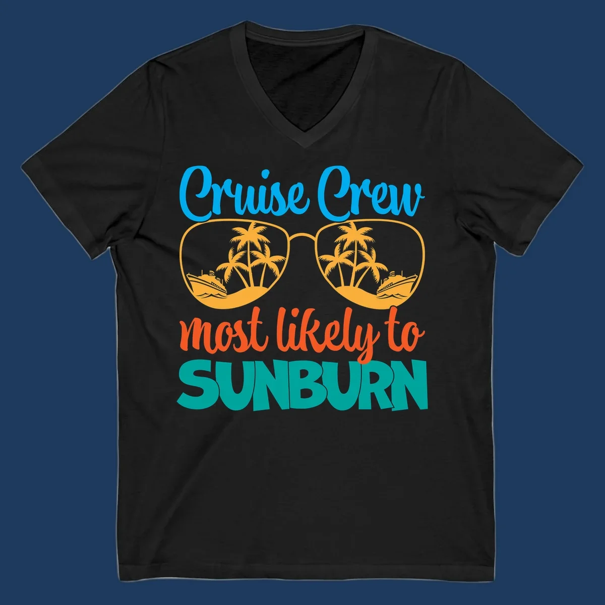 Cruise crew sunburn humor design with sunglasses containing palm trees and ships, tropical vacation tee artwork