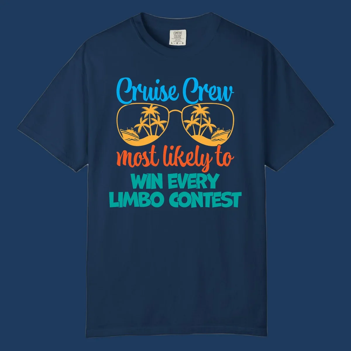 Cruise crew limbo contest design with sunglasses containing palm trees, ships, and waves, bold colorful text