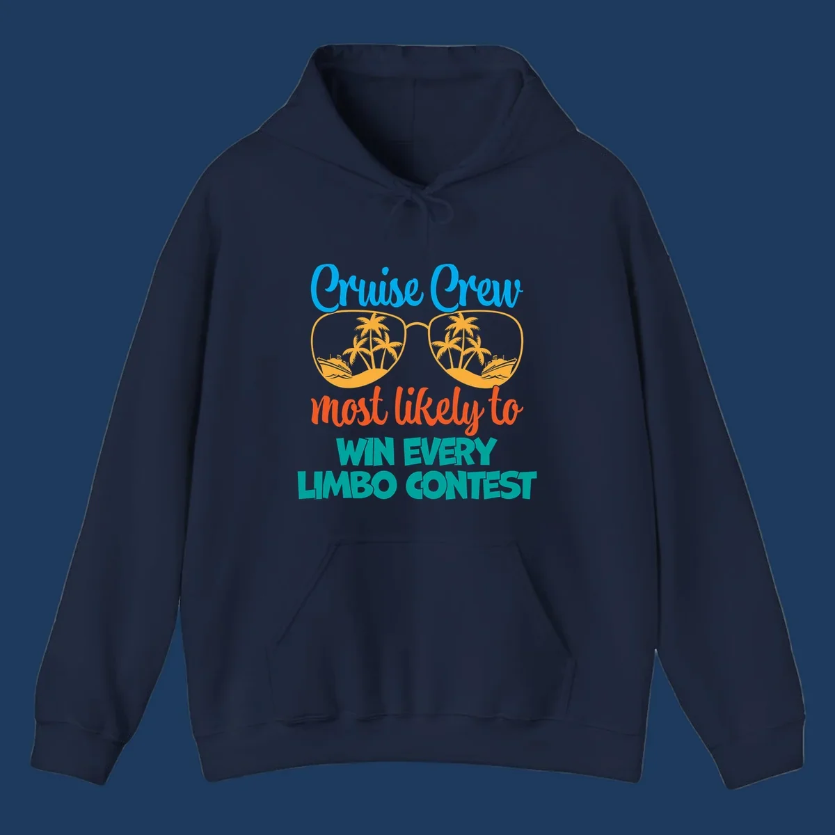 Cruise crew limbo contest design with sunglasses containing palm trees, ships, and waves, bold colorful text
