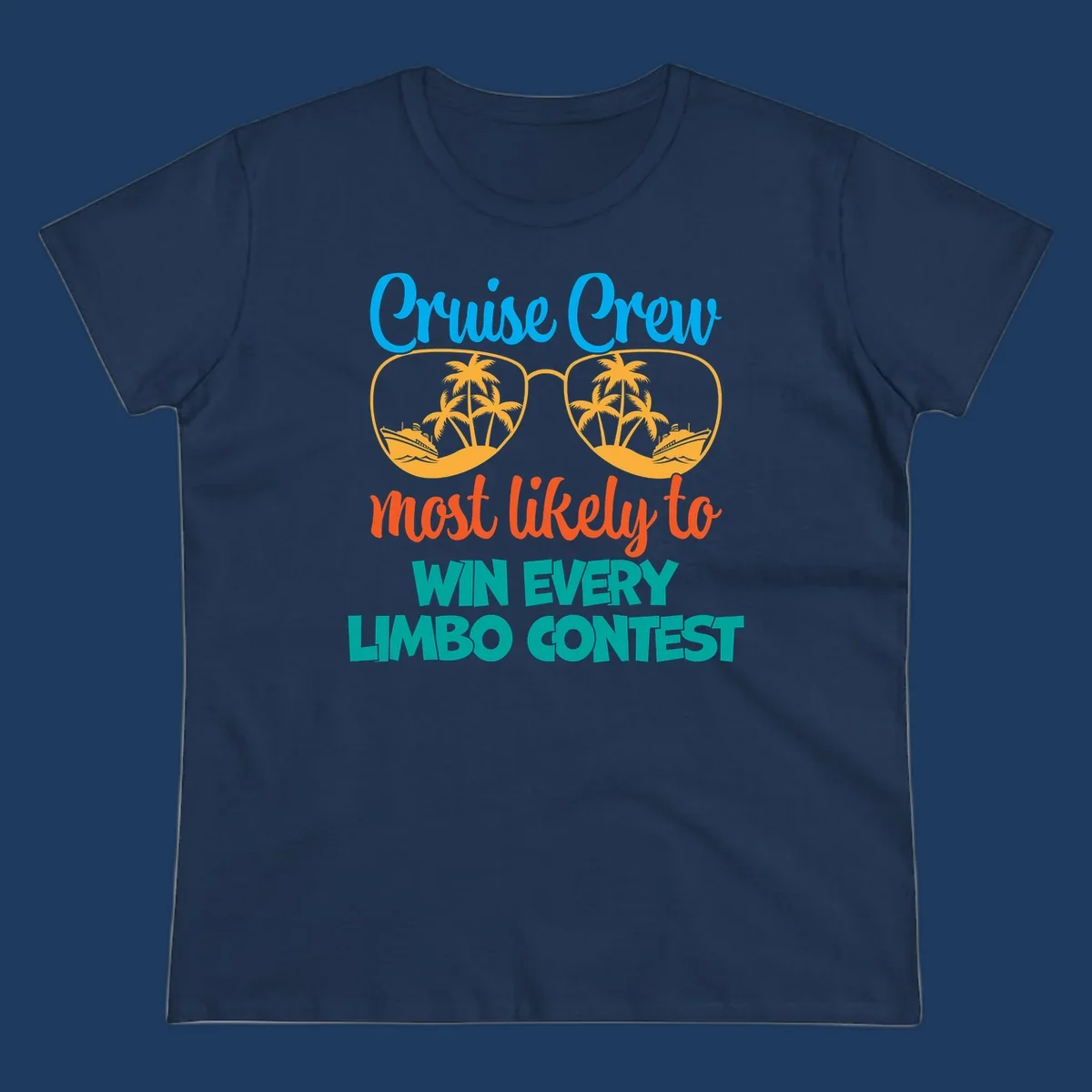 Cruise crew limbo contest design with sunglasses containing palm trees, ships, and waves, bold colorful text