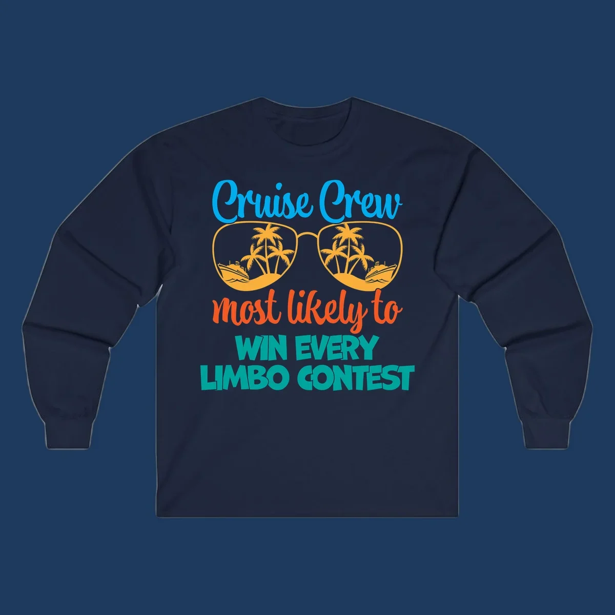 Cruise crew limbo contest design with sunglasses containing palm trees, ships, and waves, bold colorful text
