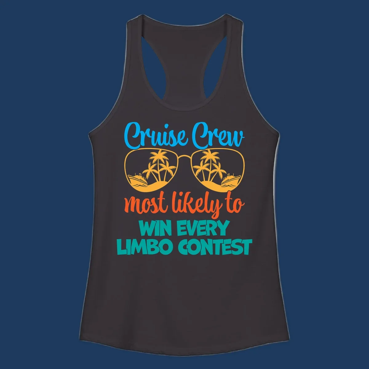 Cruise crew limbo contest design with sunglasses containing palm trees, ships, and waves, bold colorful text