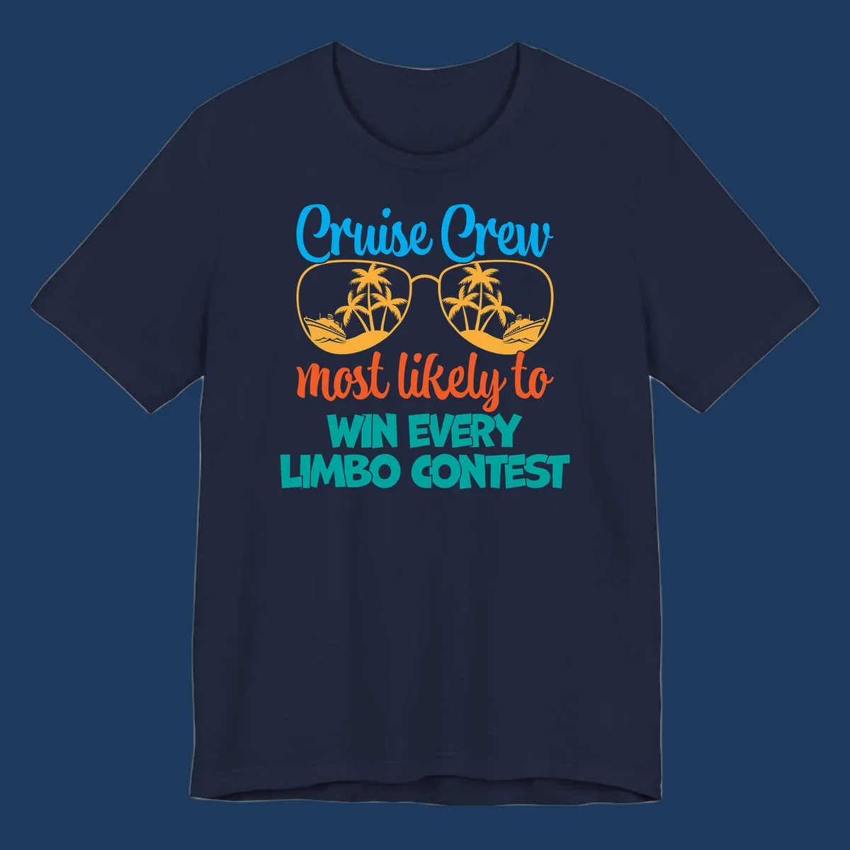 Cruise crew limbo contest design with sunglasses containing palm trees, ships, and waves, bold colorful text
