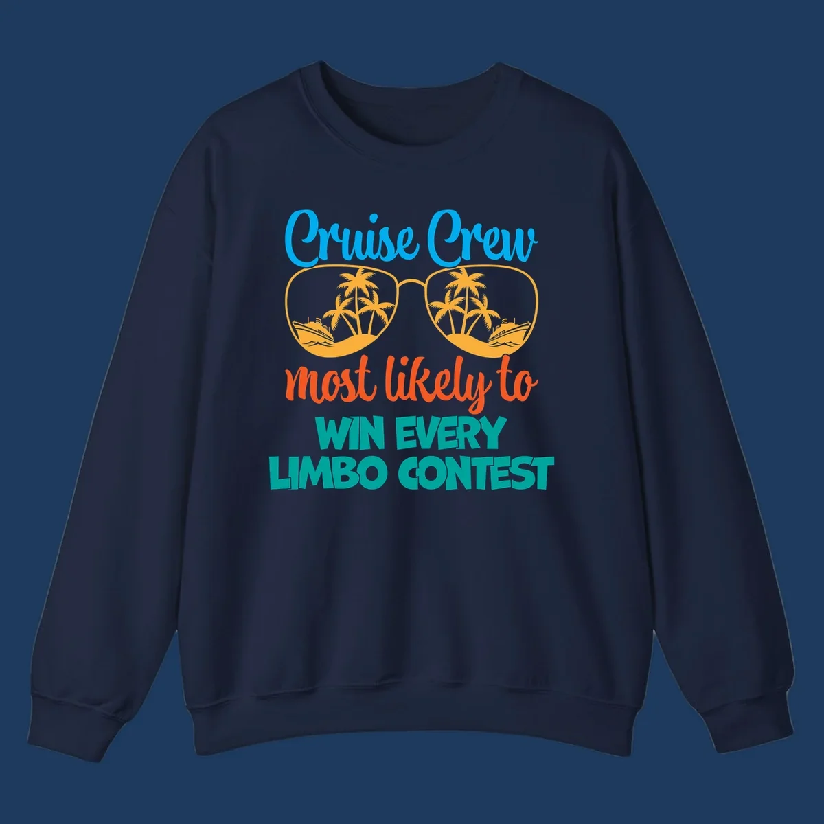 Cruise crew limbo contest design with sunglasses containing palm trees, ships, and waves, bold colorful text