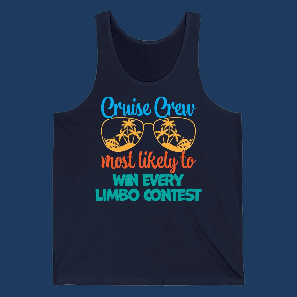 Cruise crew limbo contest design with sunglasses containing palm trees, ships, and waves, bold colorful text