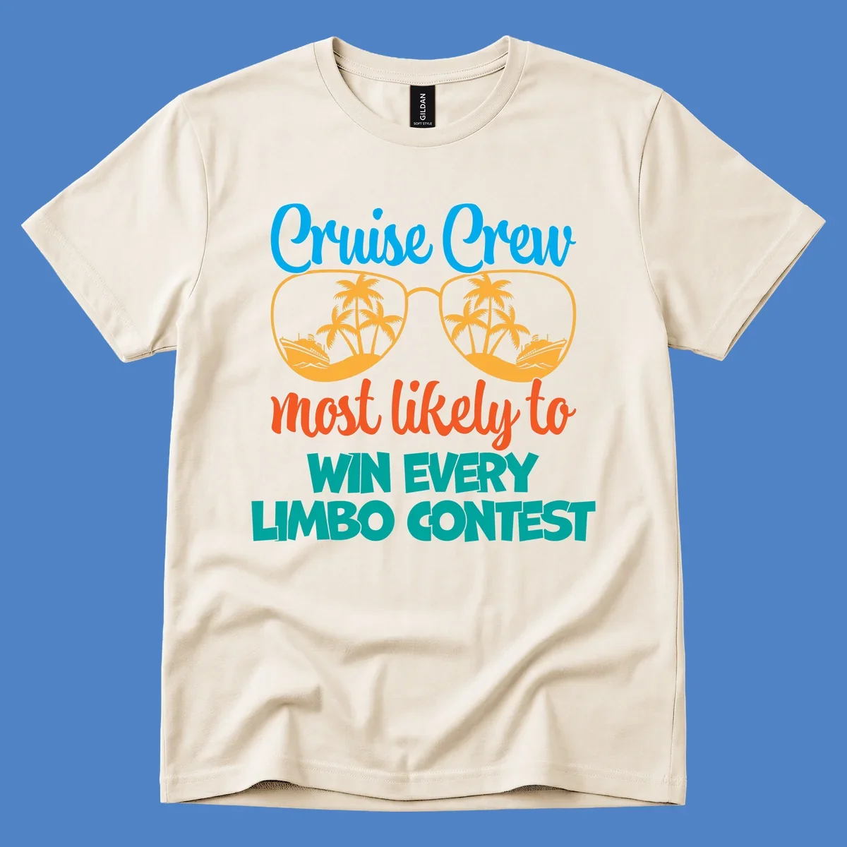 Cruise crew limbo contest design with sunglasses containing palm trees, ships, and waves, bold colorful text