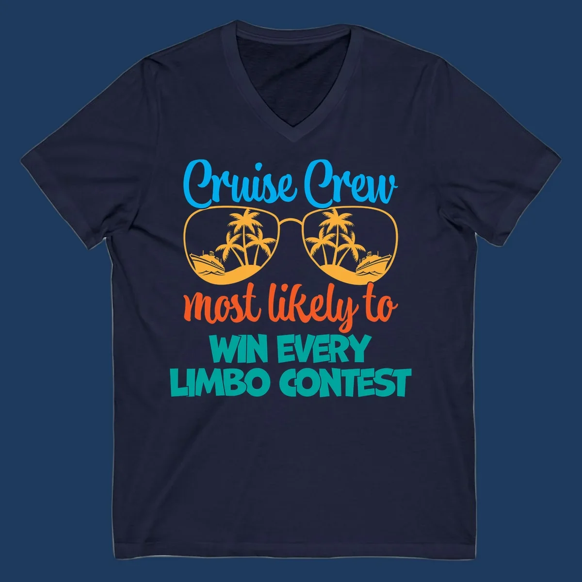 Cruise crew limbo contest design with sunglasses containing palm trees, ships, and waves, bold colorful text