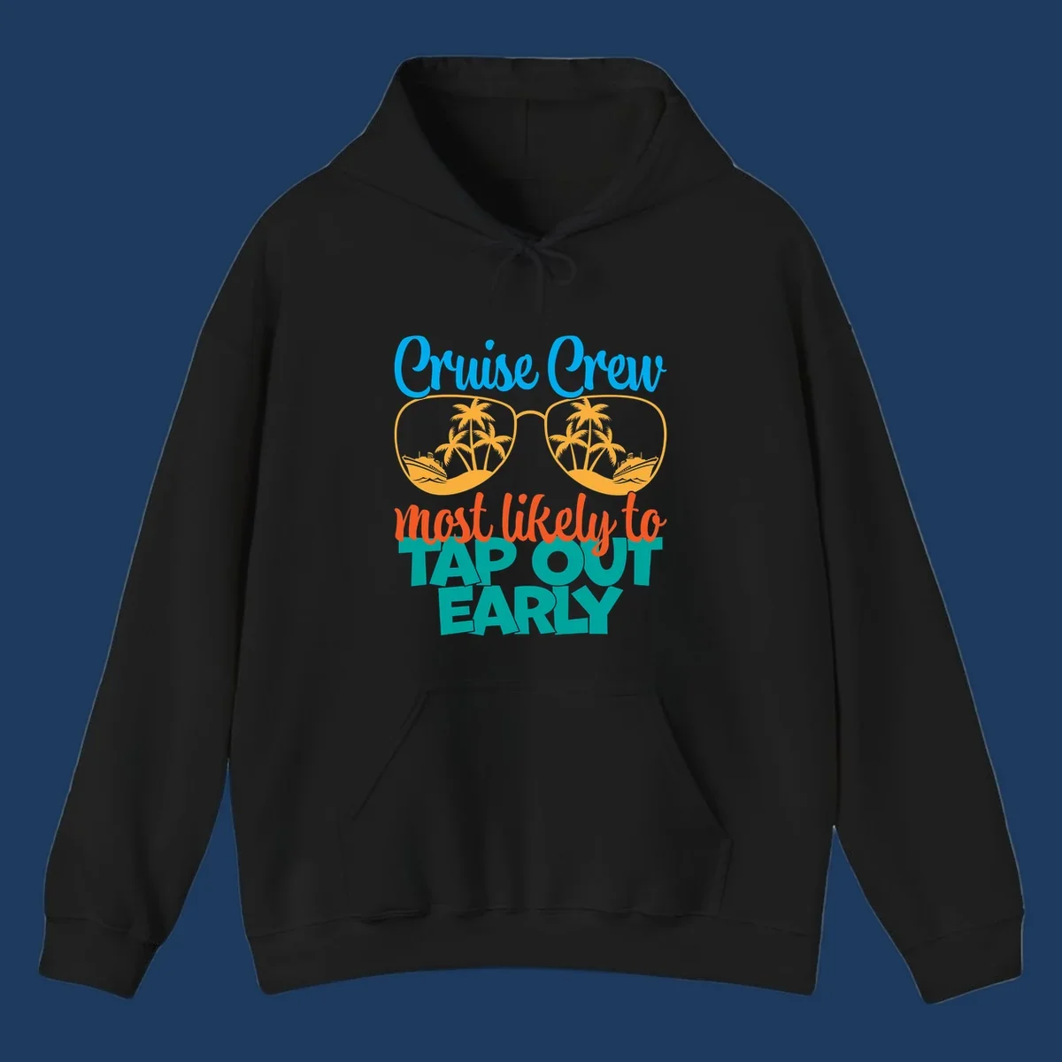 Cruise crew tap out design with sunglasses containing palm trees and ships, blue and orange tropical graphics