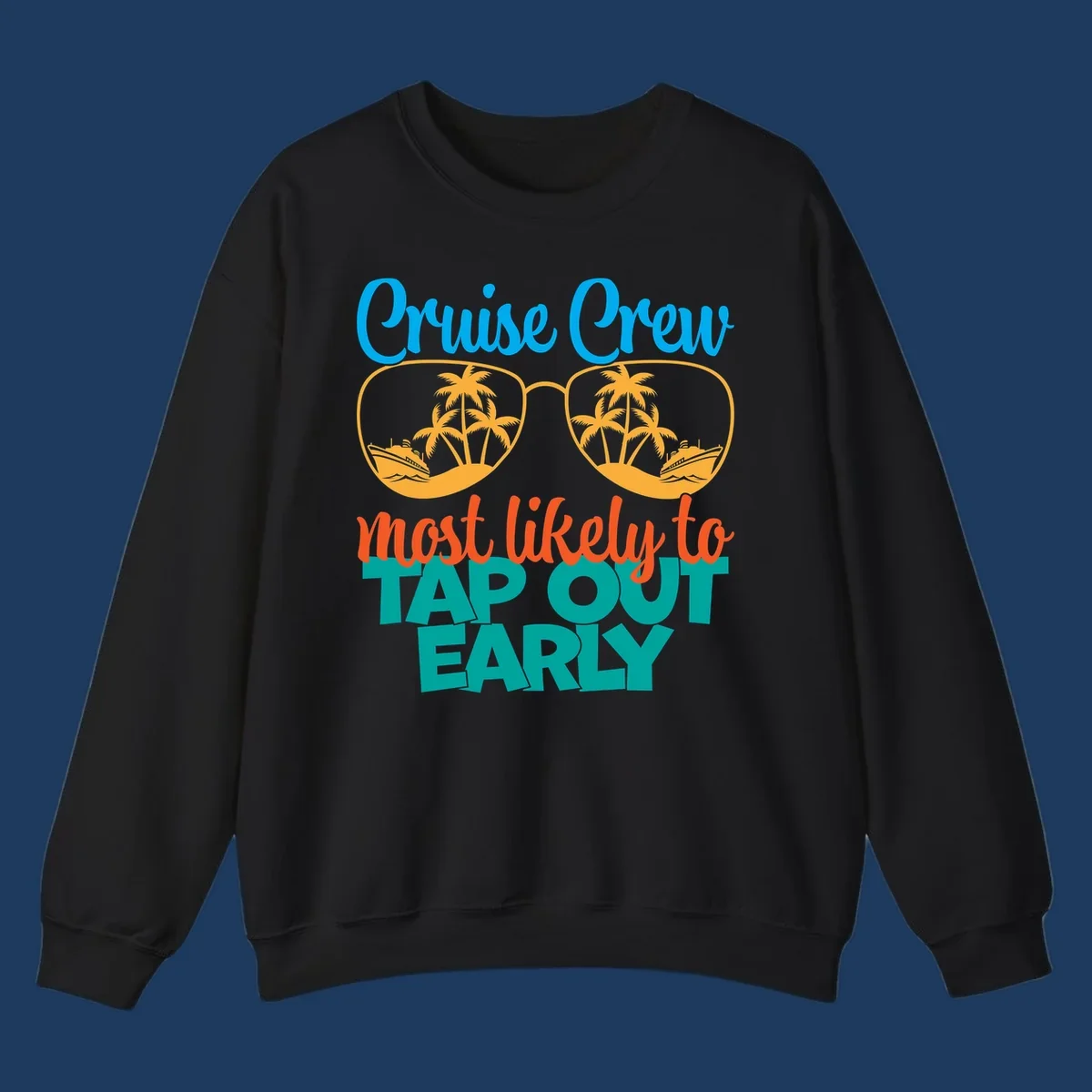 Cruise crew tap out design with sunglasses containing palm trees and ships, blue and orange tropical graphics