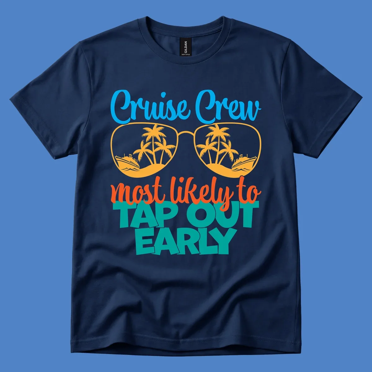 Cruise crew tap out design with sunglasses containing palm trees and ships, blue and orange tropical graphics