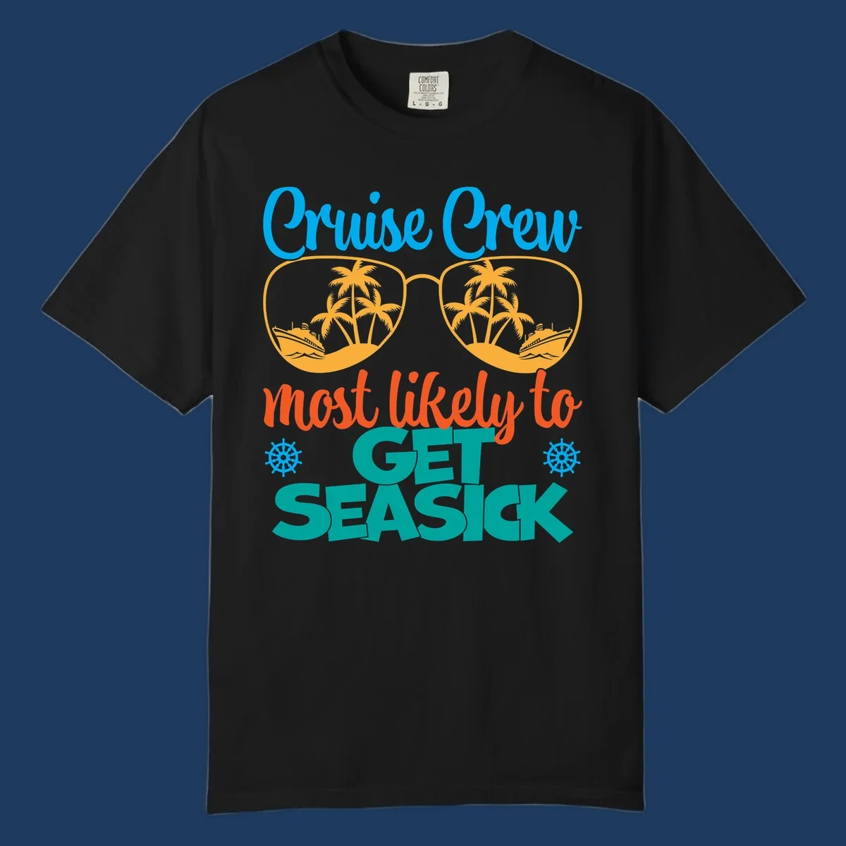 Cruise crew seasick design with sunglasses containing palm trees and ships, tropical nautical humor artwork