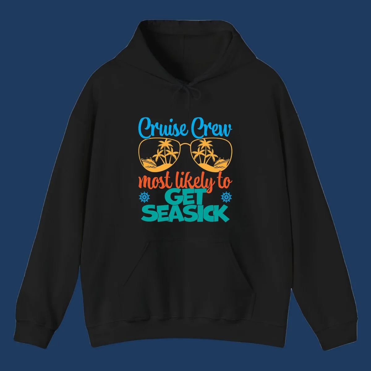 Cruise crew seasick design with sunglasses containing palm trees and ships, tropical nautical humor artwork