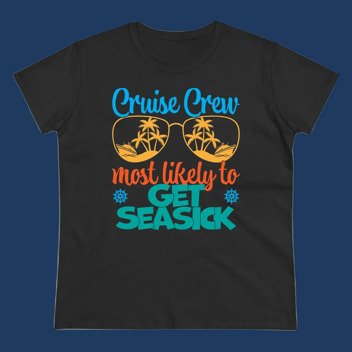 Cruise crew seasick design with sunglasses containing palm trees and ships, tropical nautical humor artwork