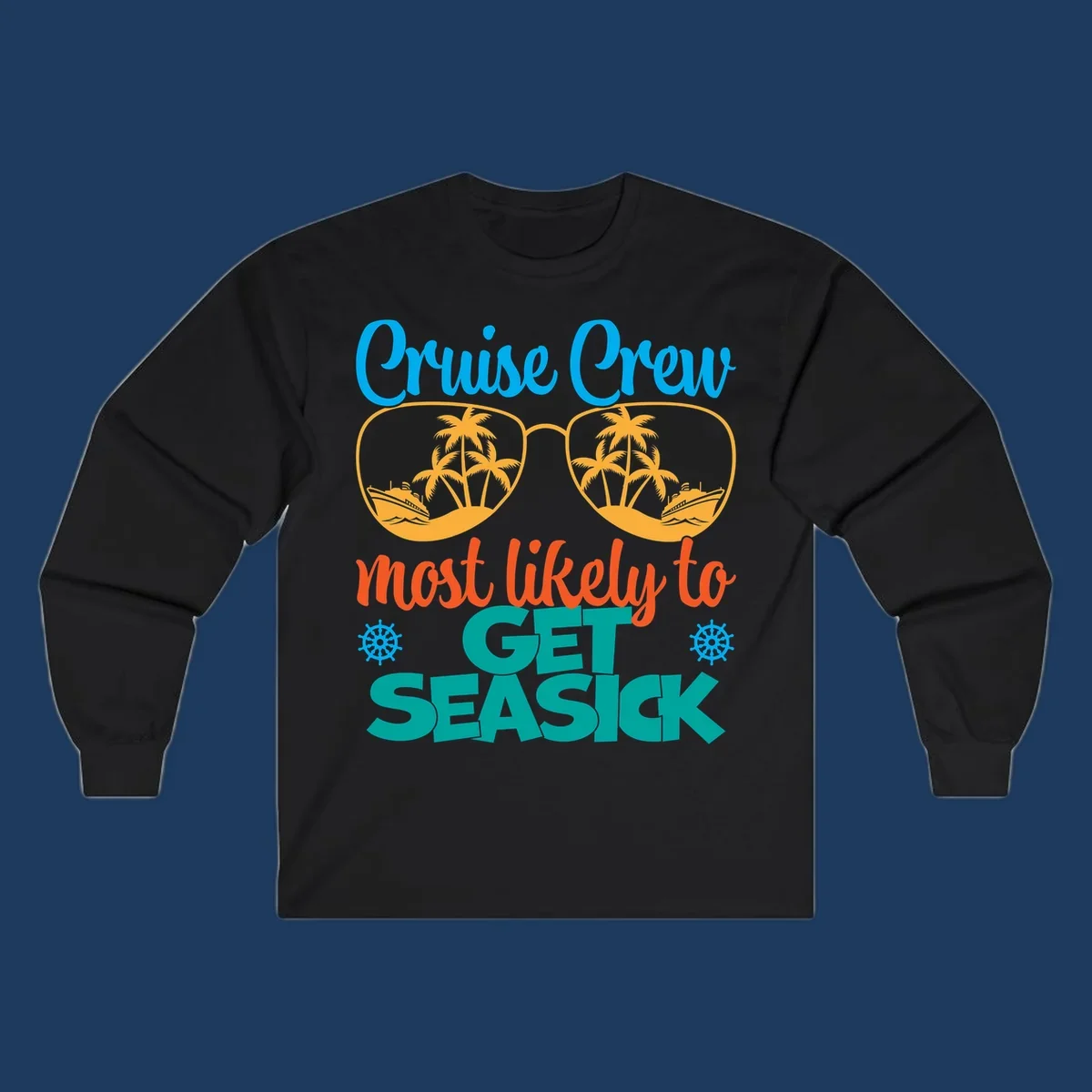 Cruise crew seasick design with sunglasses containing palm trees and ships, tropical nautical humor artwork