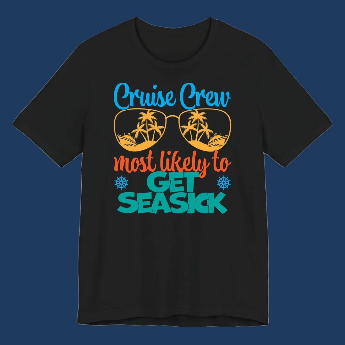 Cruise crew seasick design with sunglasses containing palm trees and ships, tropical nautical humor artwork