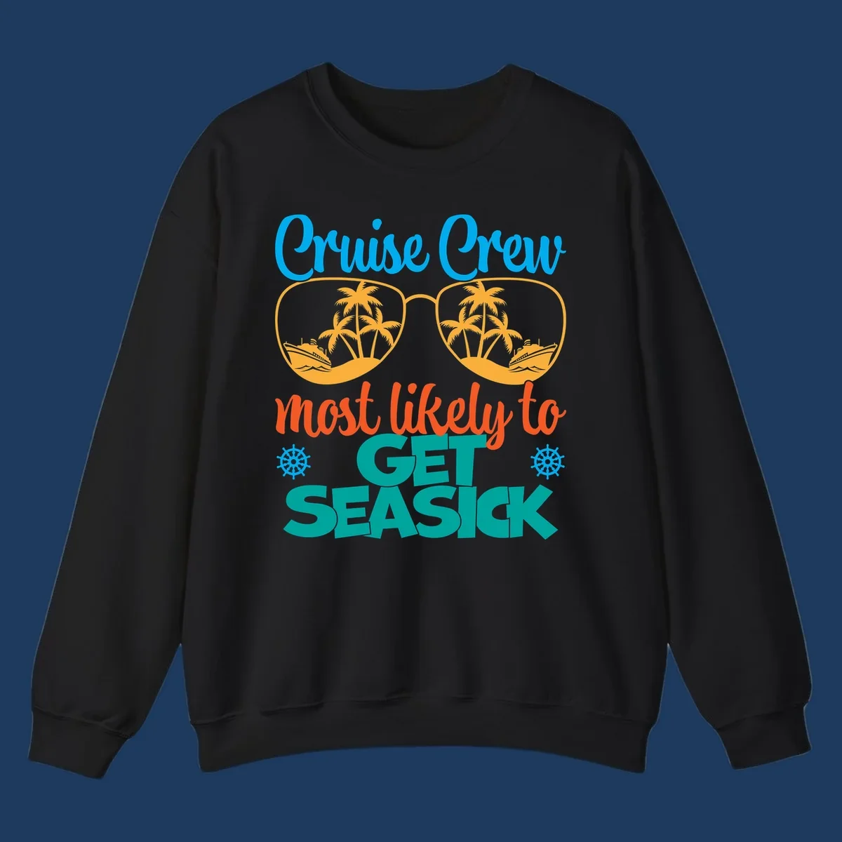 Cruise crew seasick design with sunglasses containing palm trees and ships, tropical nautical humor artwork
