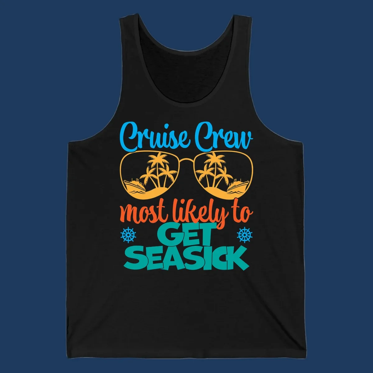 Cruise crew seasick design with sunglasses containing palm trees and ships, tropical nautical humor artwork