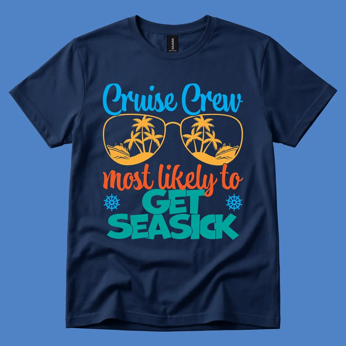Cruise crew seasick design with sunglasses containing palm trees and ships, tropical nautical humor artwork