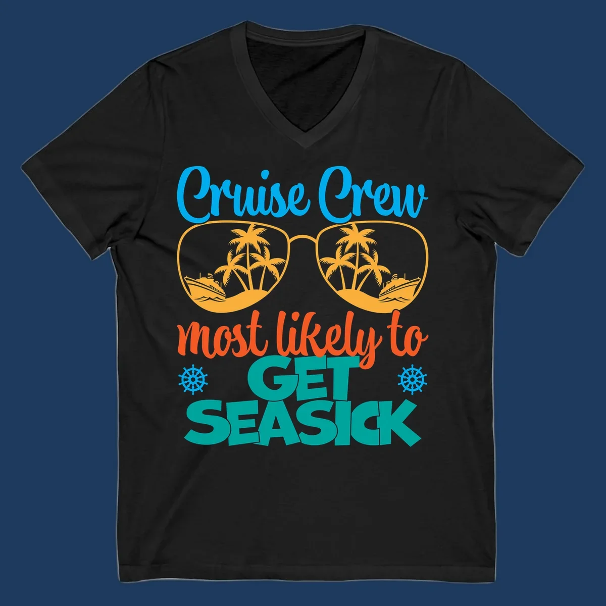 Cruise crew seasick design with sunglasses containing palm trees and ships, tropical nautical humor artwork