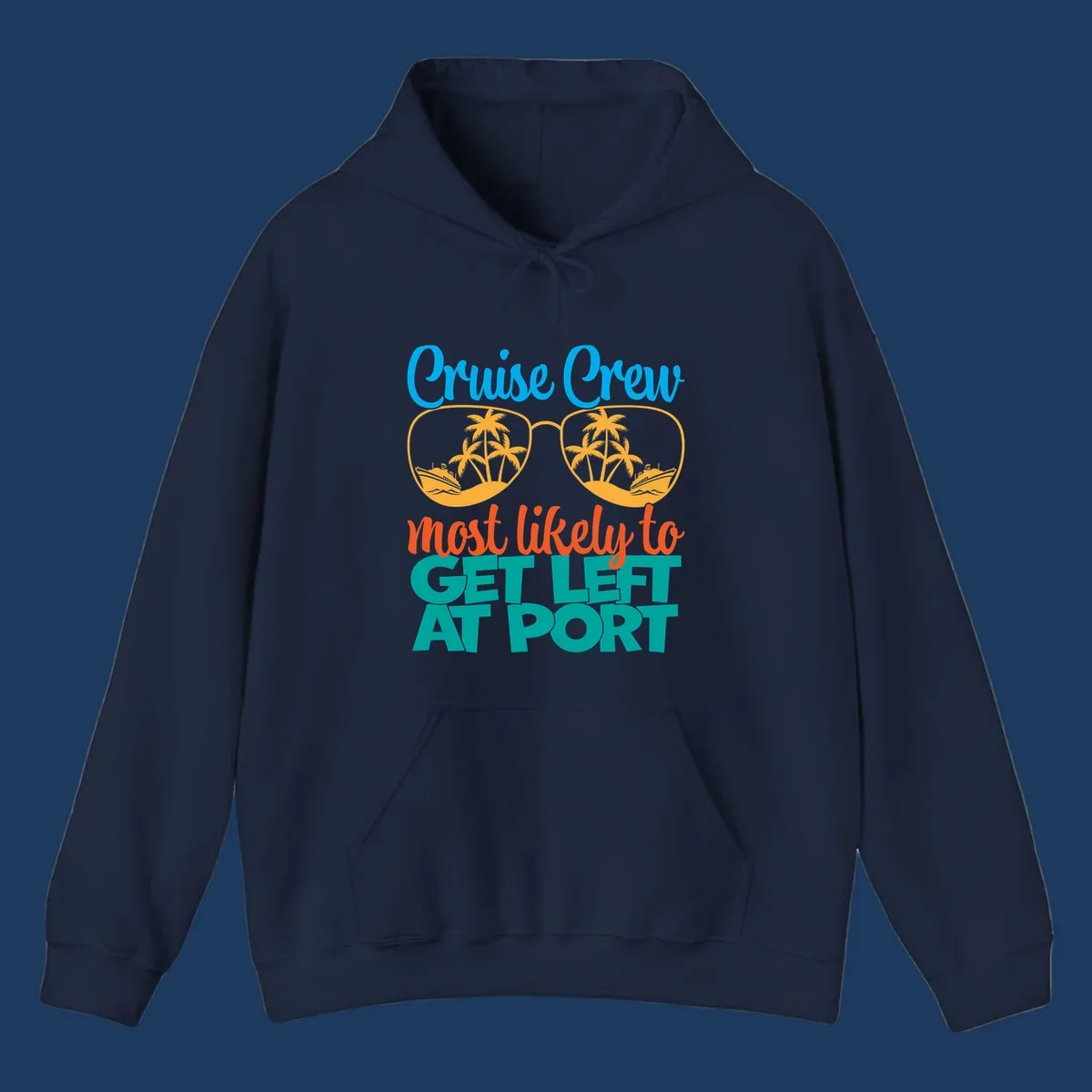 Cruise crew left at port design with sunglasses, palm trees, ships, and bold text on gray background