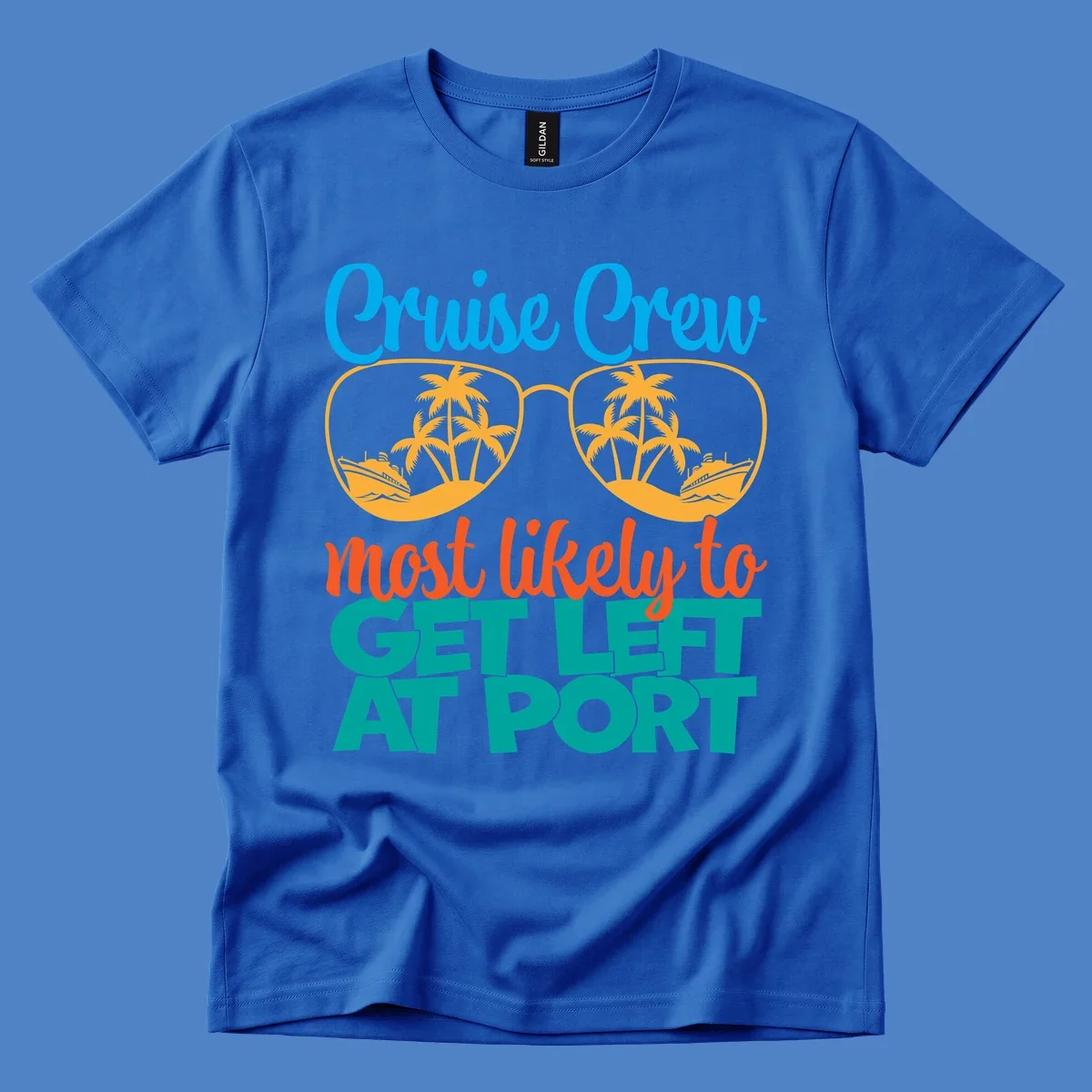 Cruise crew left at port design with sunglasses, palm trees, ships, and bold text on gray background