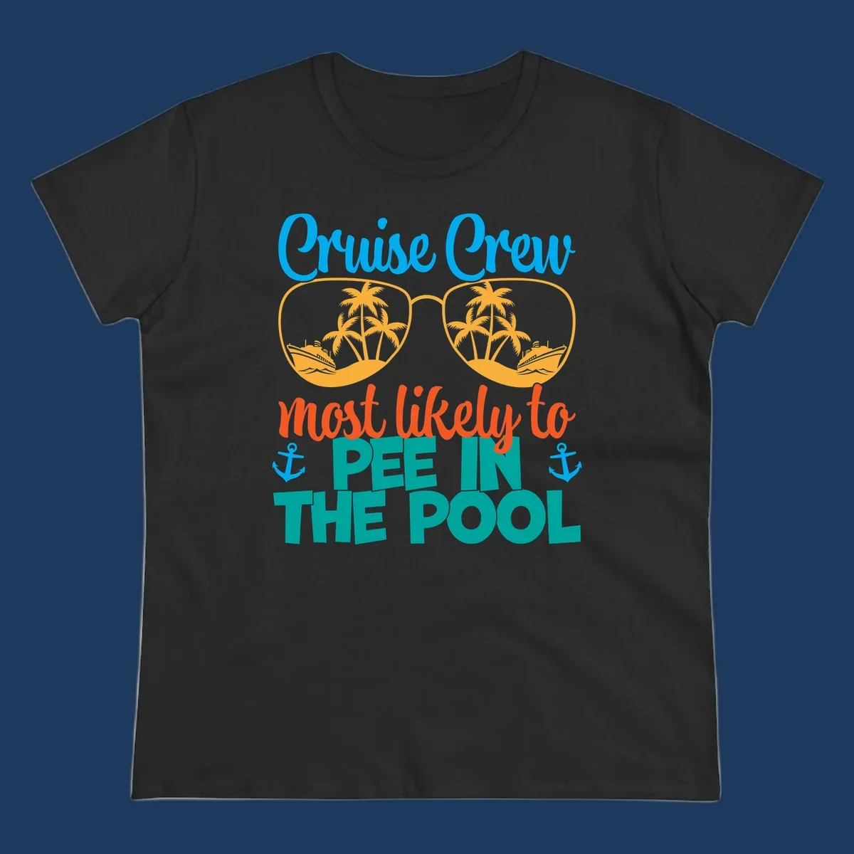 Colorful cruise crew pool humor design with sunglasses containing tropical palm trees and ships, featuring playful text about vacation antics