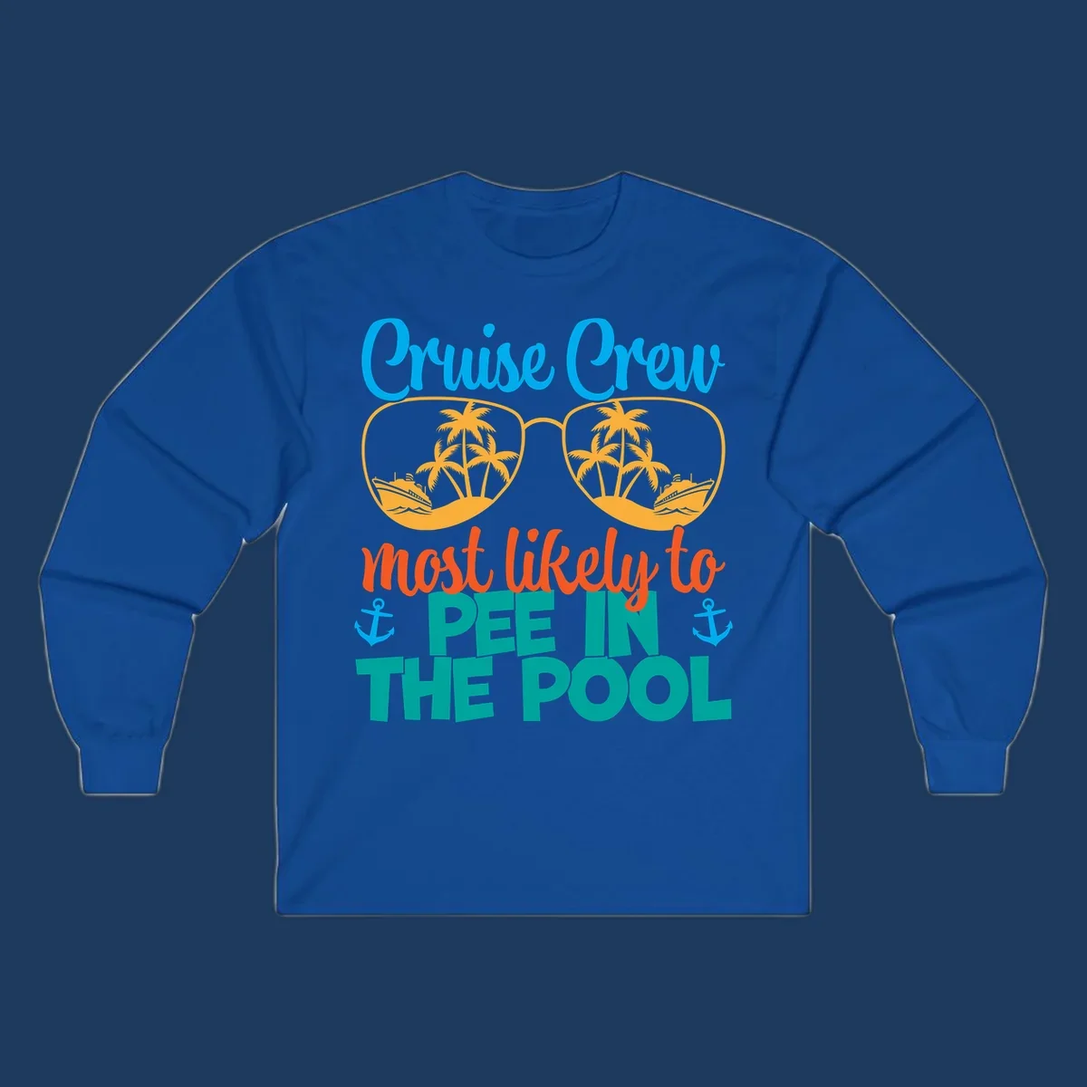 Colorful cruise crew pool humor design with sunglasses containing tropical palm trees and ships, featuring playful text about vacation antics