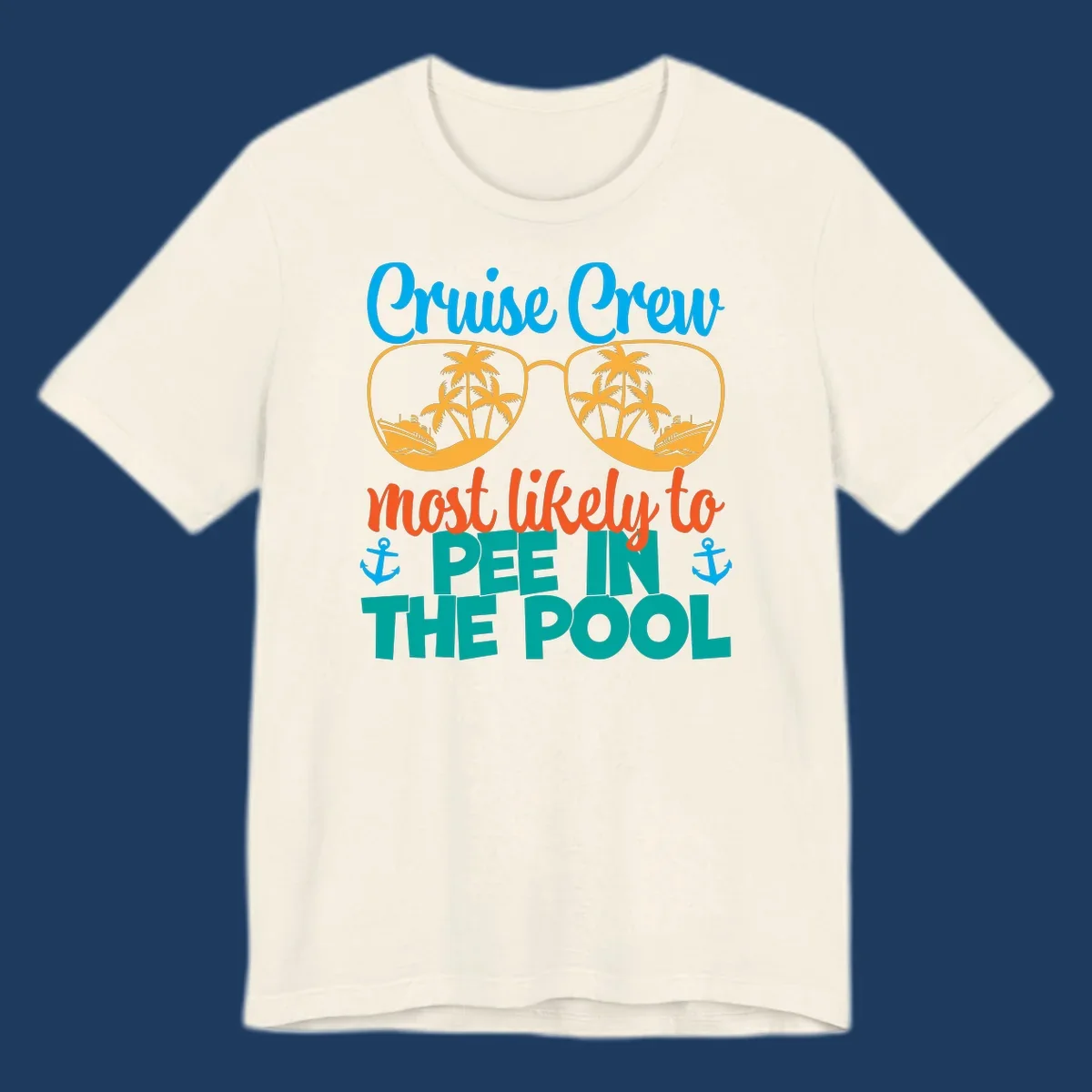 Colorful cruise crew pool humor design with sunglasses containing tropical palm trees and ships, featuring playful text about vacation antics