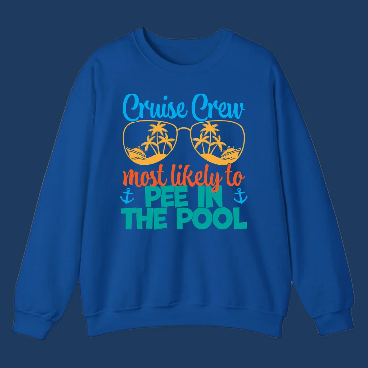 Colorful cruise crew pool humor design with sunglasses containing tropical palm trees and ships, featuring playful text about vacation antics