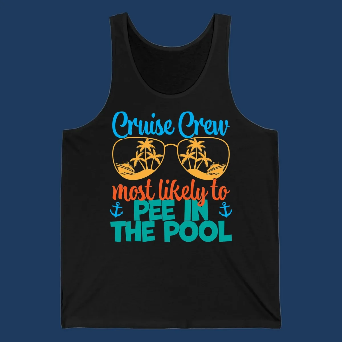 Colorful cruise crew pool humor design with sunglasses containing tropical palm trees and ships, featuring playful text about vacation antics