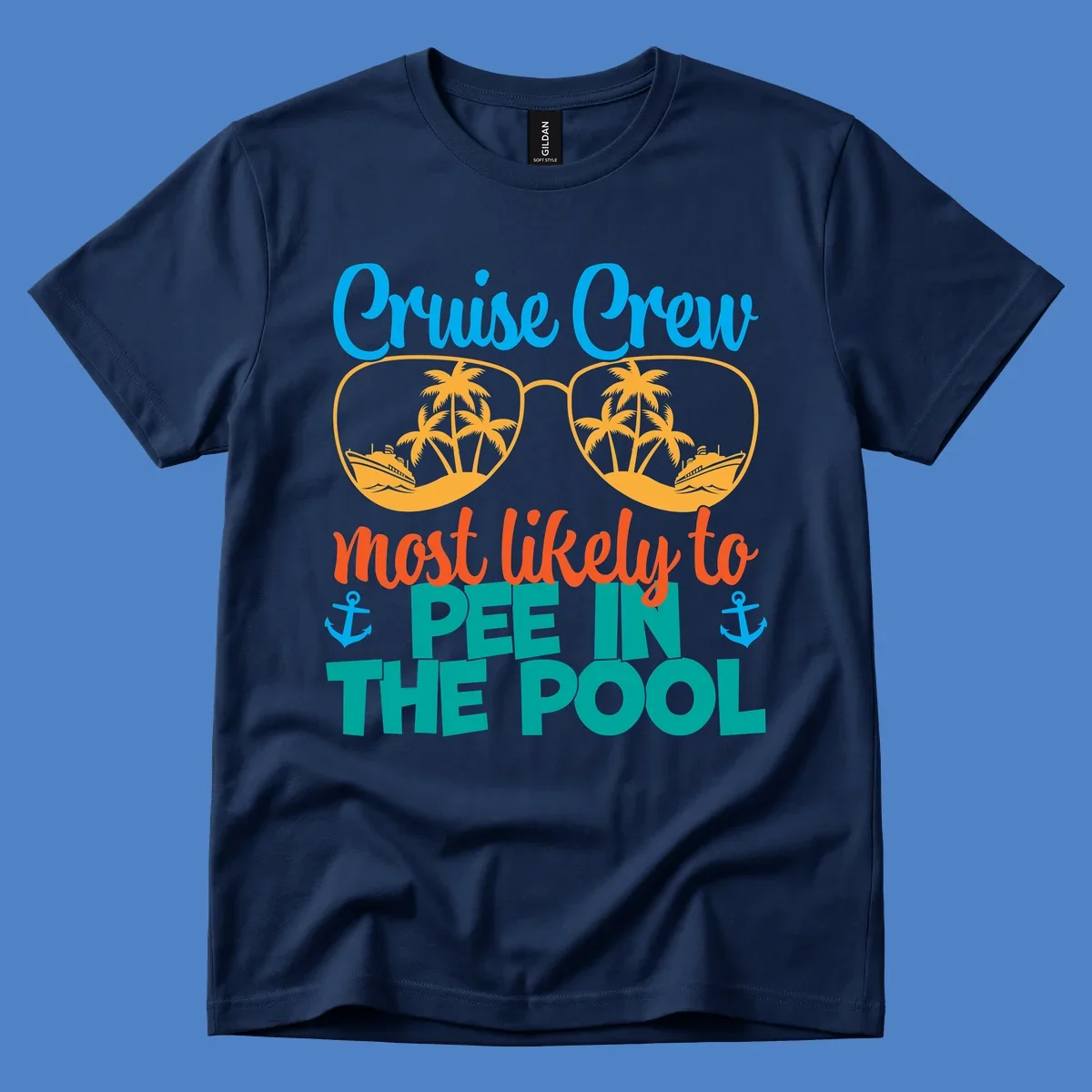 Colorful cruise crew pool humor design with sunglasses containing tropical palm trees and ships, featuring playful text about vacation antics