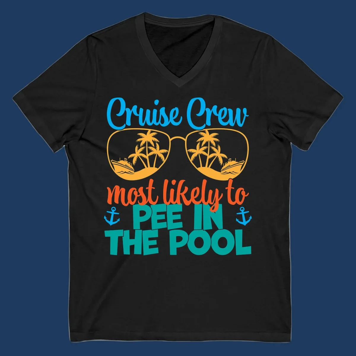 Colorful cruise crew pool humor design with sunglasses containing tropical palm trees and ships, featuring playful text about vacation antics