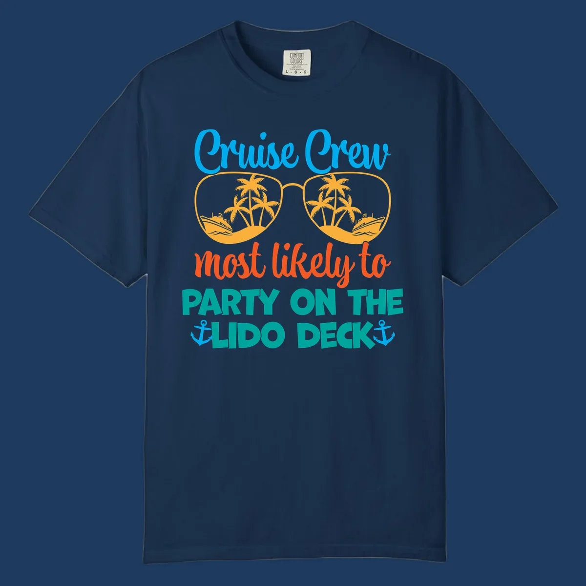 Colorful cruise crew lido deck design with sunglasses containing palm trees and ships, anchors, and playful party text
