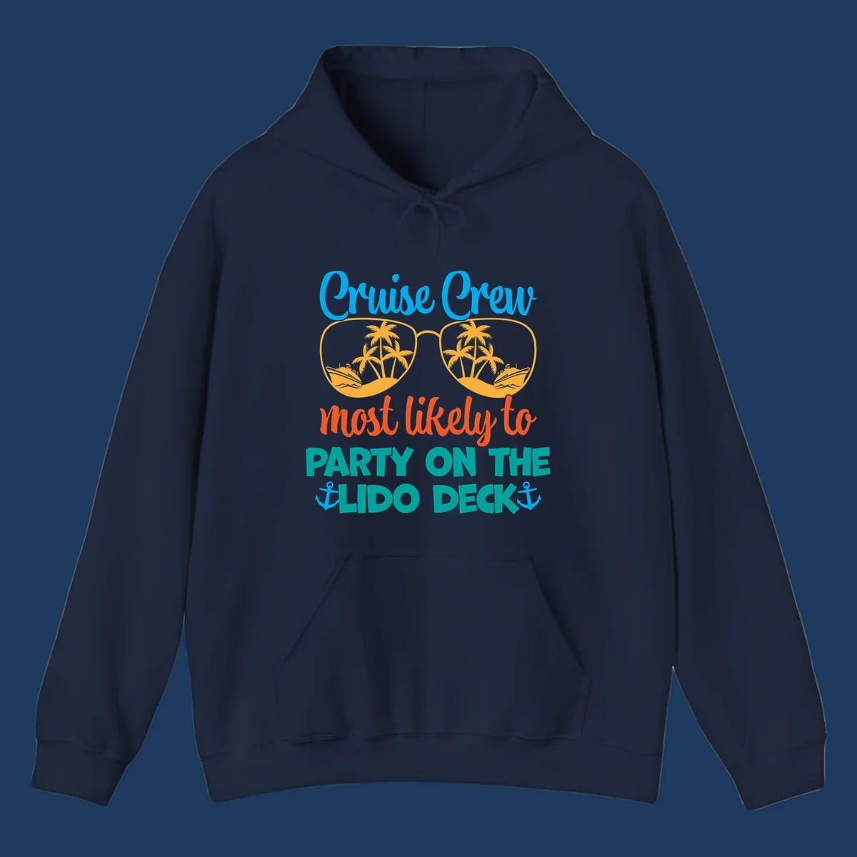 Colorful cruise crew lido deck design with sunglasses containing palm trees and ships, anchors, and playful party text
