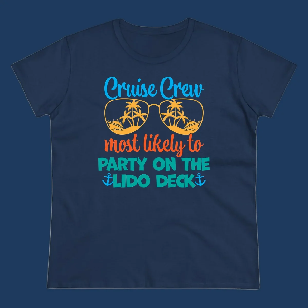 Colorful cruise crew lido deck design with sunglasses containing palm trees and ships, anchors, and playful party text
