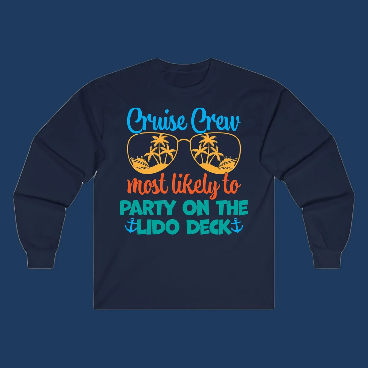 Colorful cruise crew lido deck design with sunglasses containing palm trees and ships, anchors, and playful party text