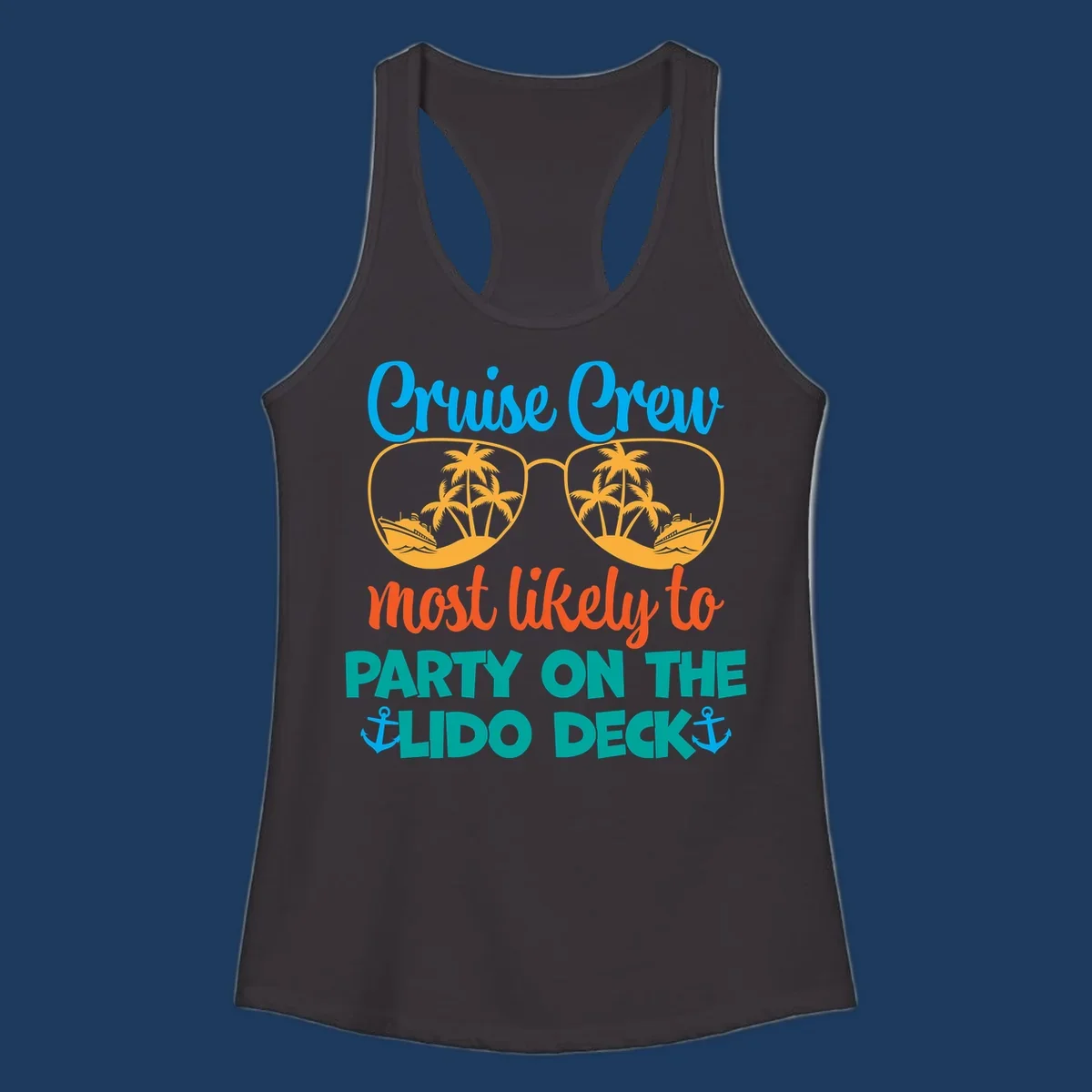 Colorful cruise crew lido deck design with sunglasses containing palm trees and ships, anchors, and playful party text