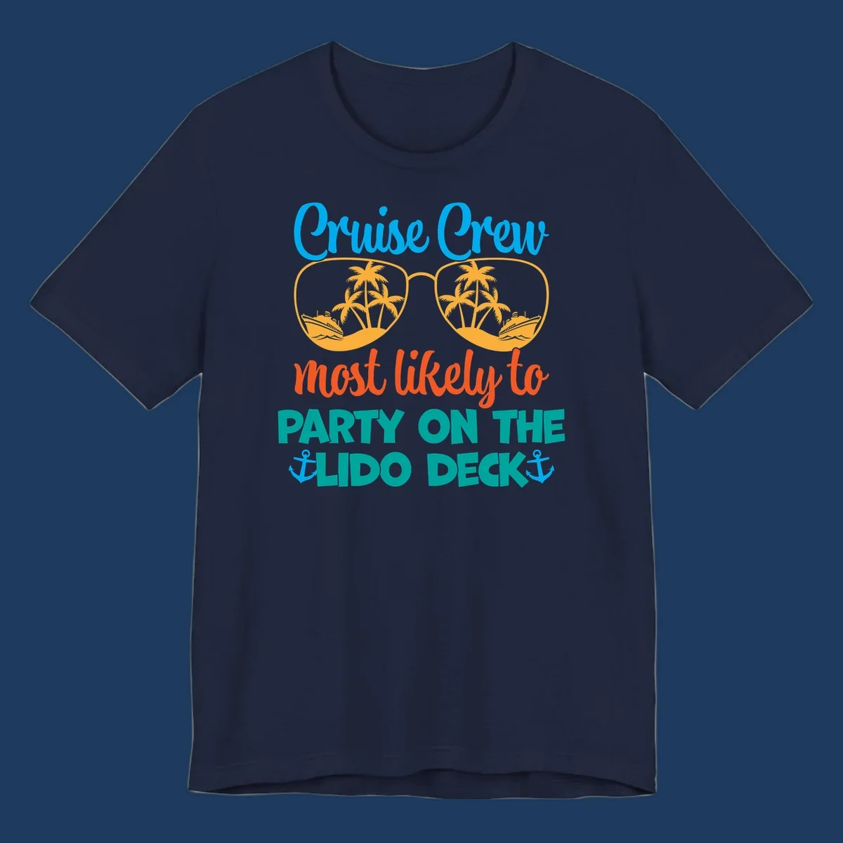 Colorful cruise crew lido deck design with sunglasses containing palm trees and ships, anchors, and playful party text