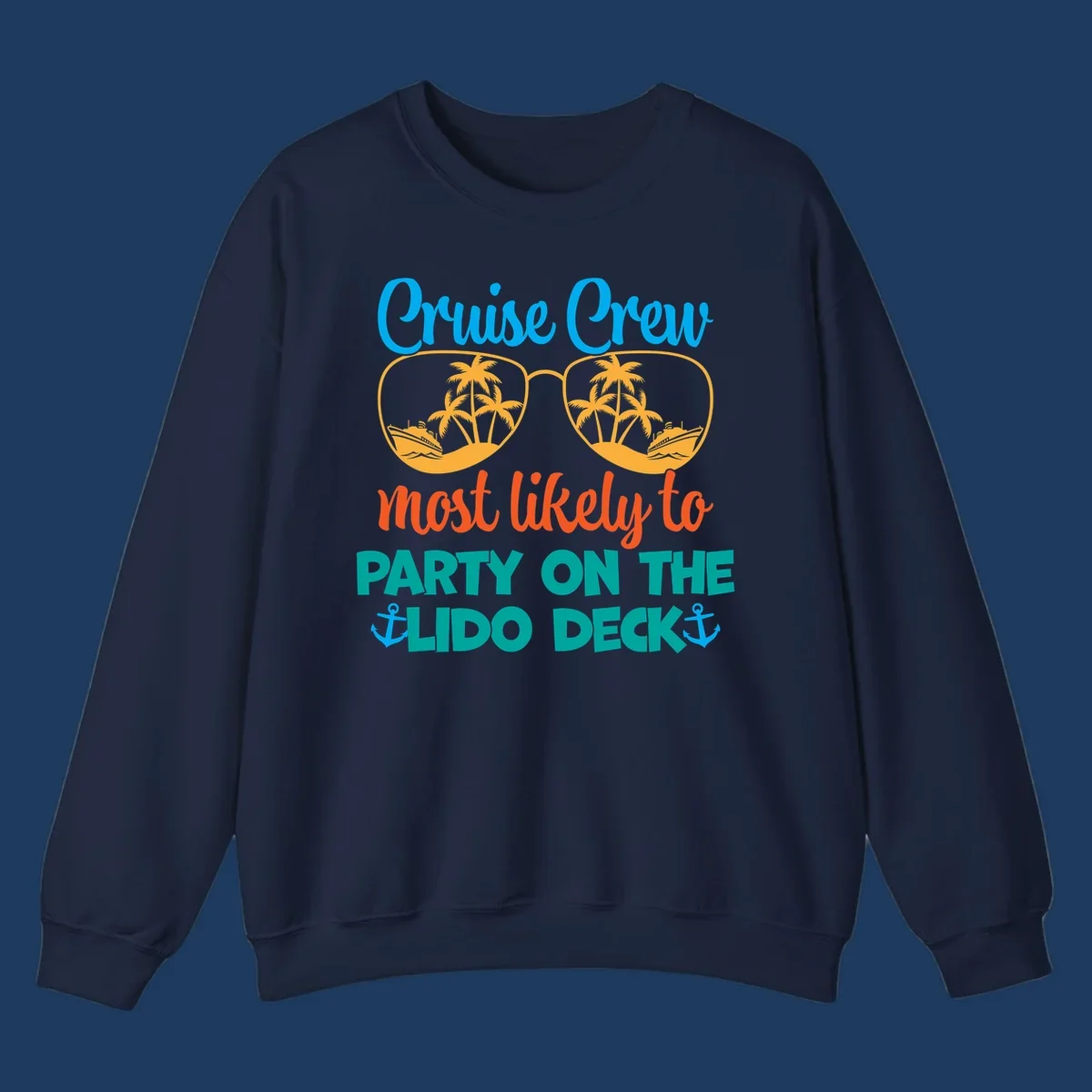 Colorful cruise crew lido deck design with sunglasses containing palm trees and ships, anchors, and playful party text